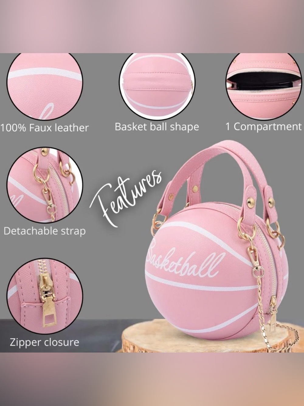 NEW Pink Faux Leather Basketball Crossbody Bag w Double Handle Drop & Gold Chain - Picture 4 of 16
